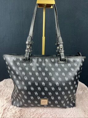 Dooney & Bourke Signature DB Monogram Tote Black Coated Canvas Leather Trim
